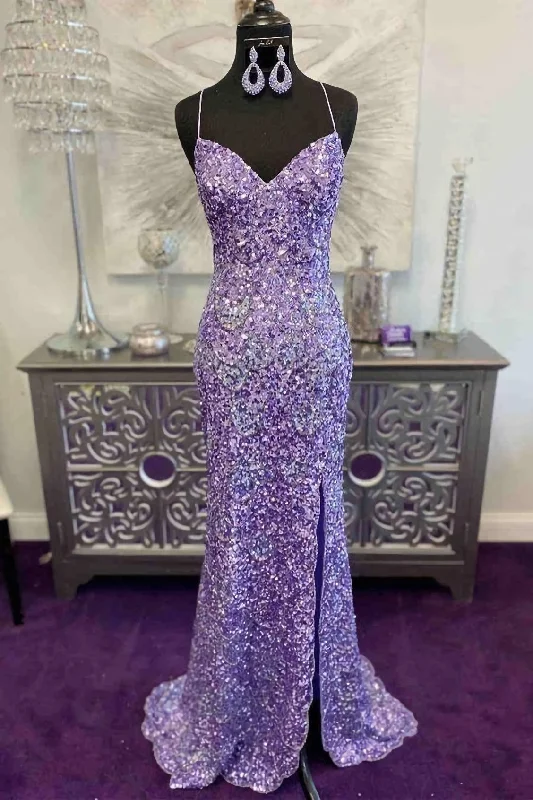 Glitter Lavender Sequins Prom Dresses, Long Formal Dress With Slit