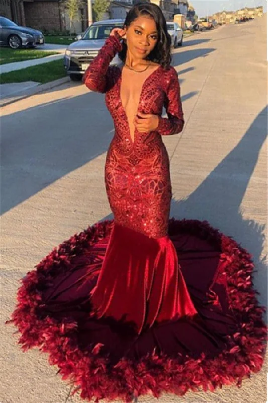 Gorgeous Long Sleeves Burgundy Lace Sequins Prom Dress Mermaid With Feather