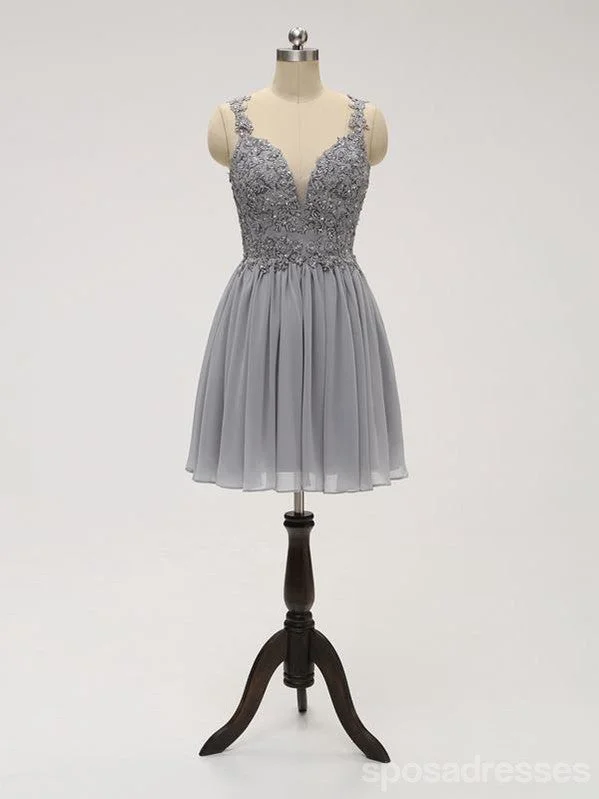 Lace Straps Grey Chiffon Short Cheap Homecoming Dresses Online, CM814