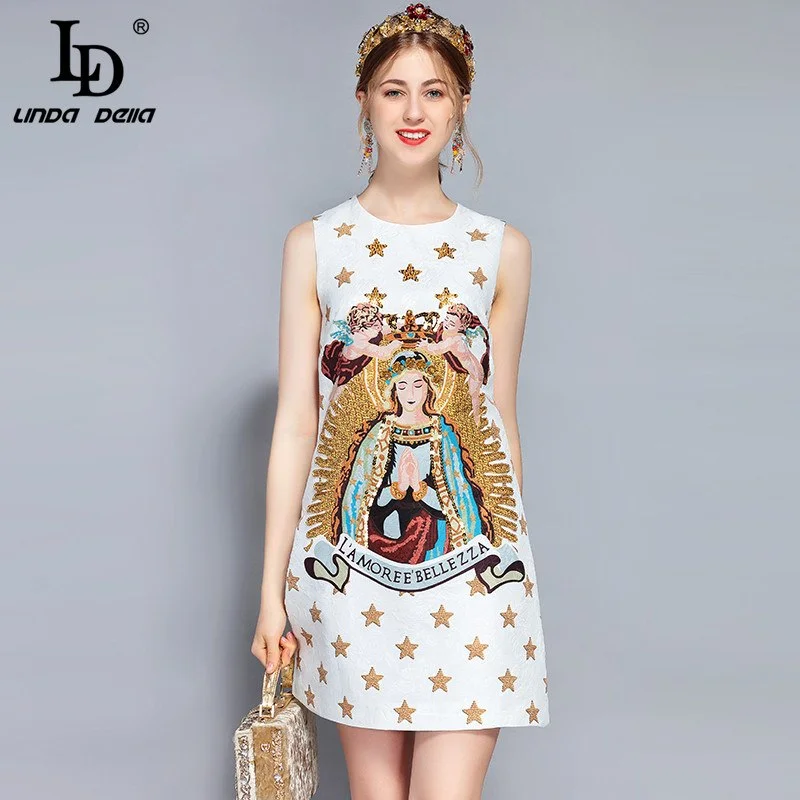 New 2022 Fashion Runway Summer Dress Women's Sleeveless Luxury Sequin Beading Vintage Angel Printed Short Dress