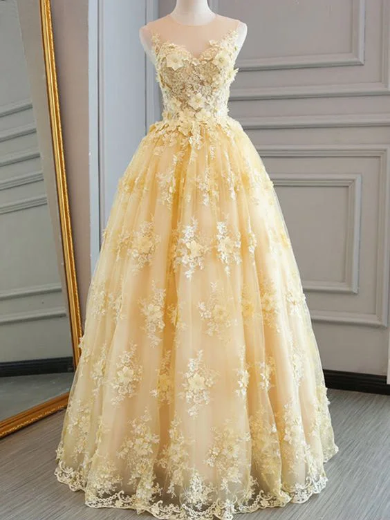 Long Prom Dresses Scoop A-line Floor-length Lace Sexy Yellow Prom Dress JKL545