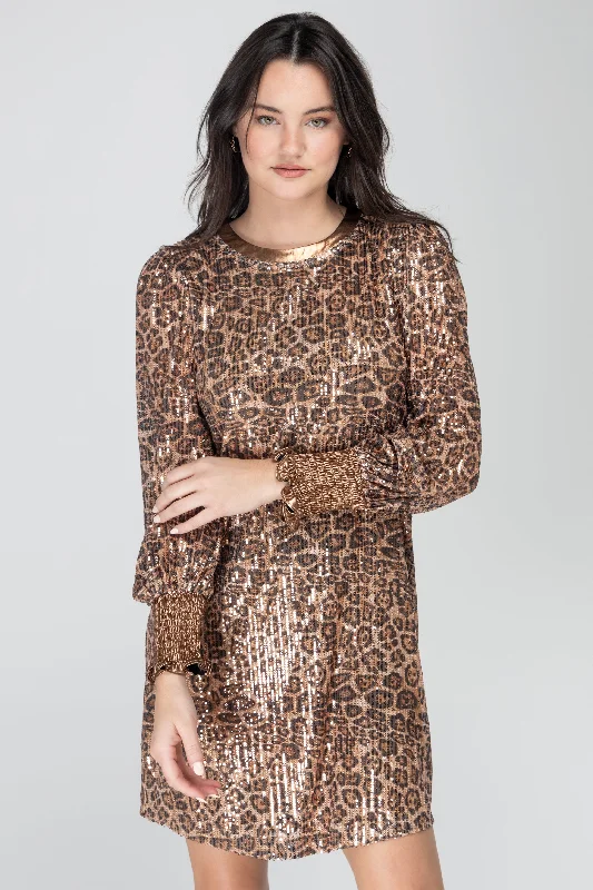 Going Wild Long Sleeve Leopard Sequin Shift Dress