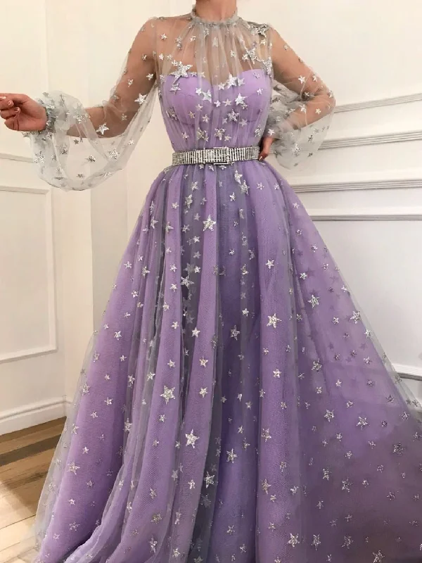 Long Sleeve Prom Dresses High Neck A-line Sparkly Star Lace Lilac Long Prom Dress JKL1184