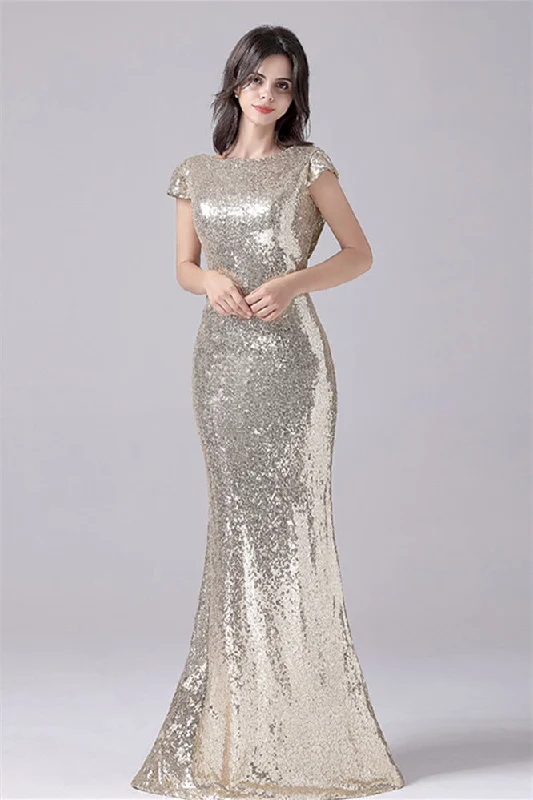 Mermaid Jewel Sequined Floor Length Short sleeves mother's dress