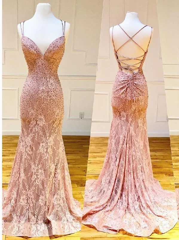 Mermaid/Trumpet Prom Dress Spaghetti Straps Pink Lace Evening Dress JKZ87123