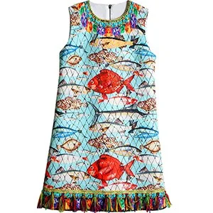 Summer Designer Dress Women Sleeveless Vintage Ethnic Tassel Colourful Fish Printed Beading Sequin Resort Casual Dress