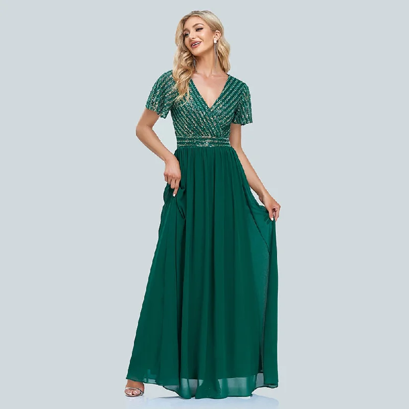 New Women Green Evening Dresses Elegant V-Neck Sequins Chiffon Formal Gown Robe Vestidos Dress