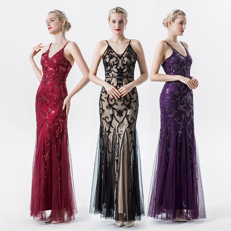 New Women Spaghetti Straps Tulle Embroider Evening Dress Elegant Mermaid Vintage 1920s Great Gatsby Sequin Dress