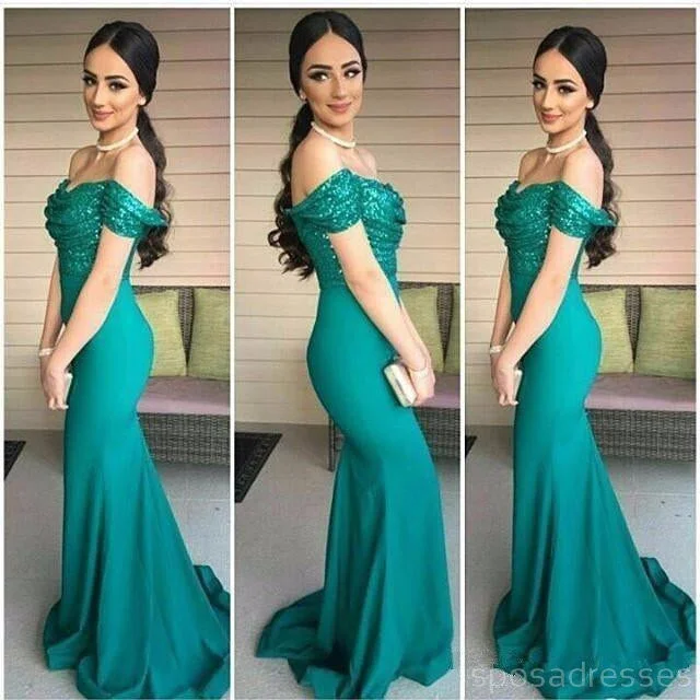 Off Shoulder Sequin Green Mermaid Cheap Bridesmaid Dresses Online, 17080