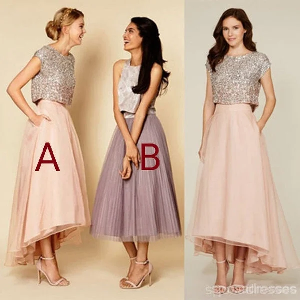 Pretty Two Pieces Cap Sleeve Sequin Top Organza Long Bridesmaid Dresses, WG38