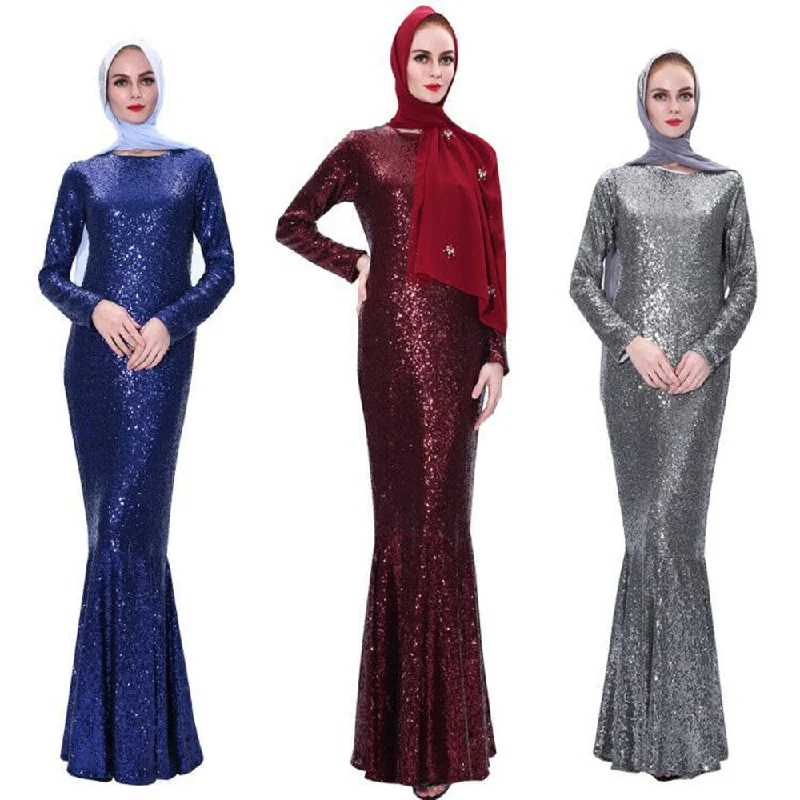 Ramadan Sequins Arab Slim Muslim Dress Floor-Length Prom Gowns Full-Sleeve Mermaid O-neck Vestios