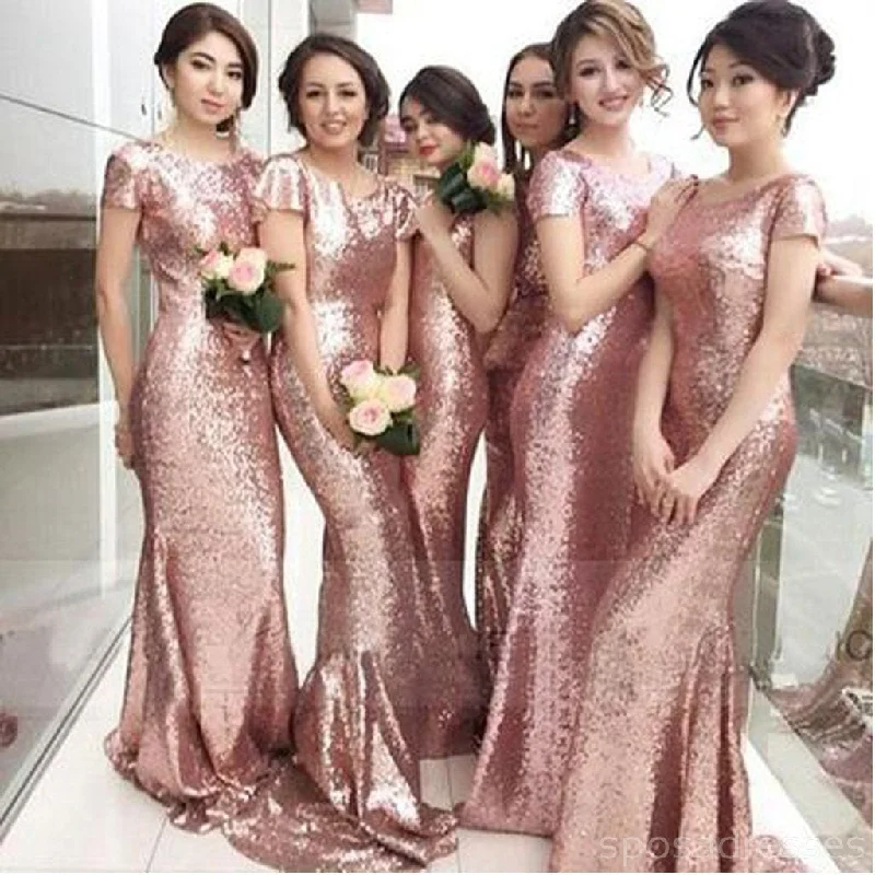 Sequin Short Sleeve Sexy Mermaid Rose Gold Long Bridesmaid Dresses, WG78