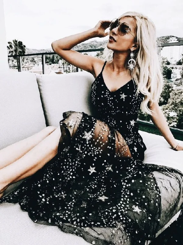 Sparkly Black Prom Dresses Spaghetti Straps Aline Star Lace Long Prom Dress JKL1118