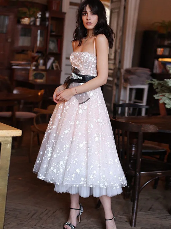 Sparkly Prom Dresses with Straps Star Lace Tea-length Prom Dress Fashion Evening Dress JKL1614