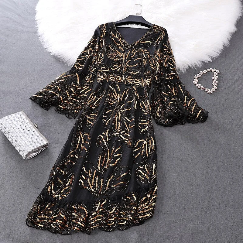 Spring Beading Zipper A-Line Geometric V-Neck Trumpet Sleeve Chiffton Gold Black Sliver Women Sequin Bead Flower Fishtail Dress