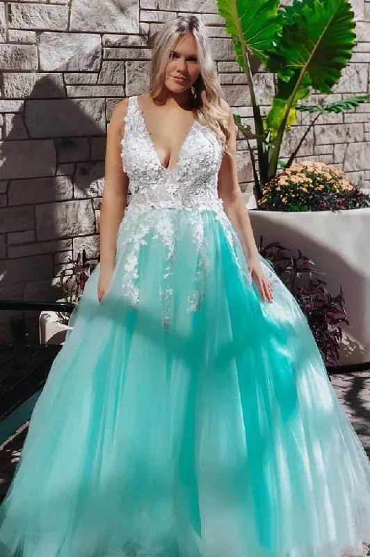 Stunning Lace Applique Long Prom Dresses Quinceanera Dress with Flowers GJS728