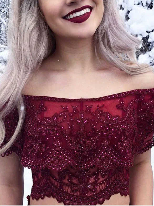 Two Piece Prom Dresses Mermaid Off-the-shoulder Lace Burgundy Prom Dress JKL857