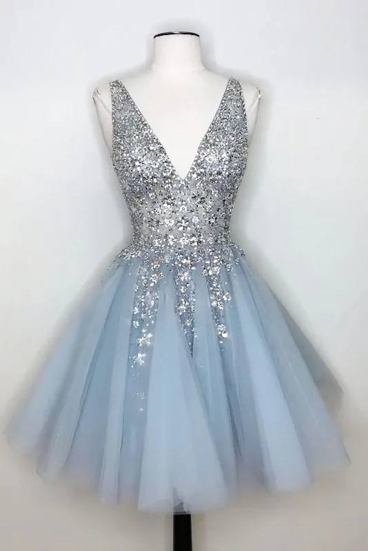 V Neck Light Sky Blue Homecoming Dress With Sequins 5933