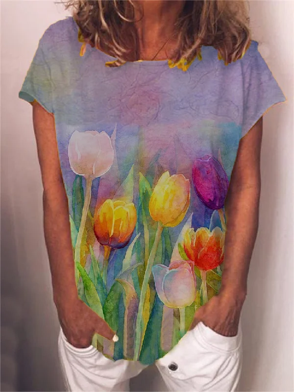 Women's summer tulip Print T-shirt top AA18