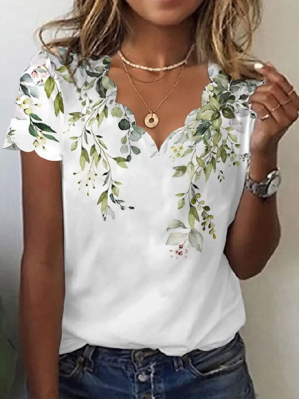 V Neck Loose Floral Casual T-Shirt  QR96