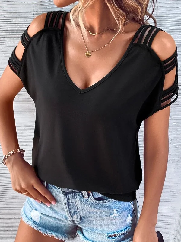 Loose Plain V Neck Casual Ladder Cut Out Dolman Sleeve T-Shirt cc41