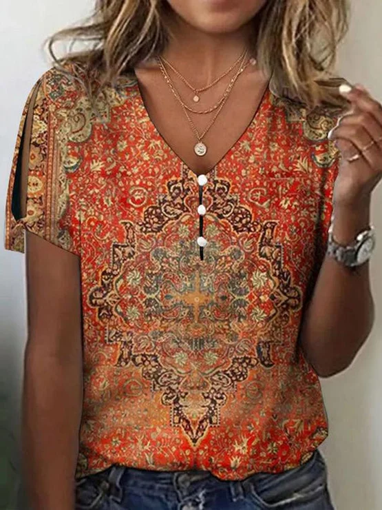 Ethnic Buckle Loose V Neck T-Shirt AA3