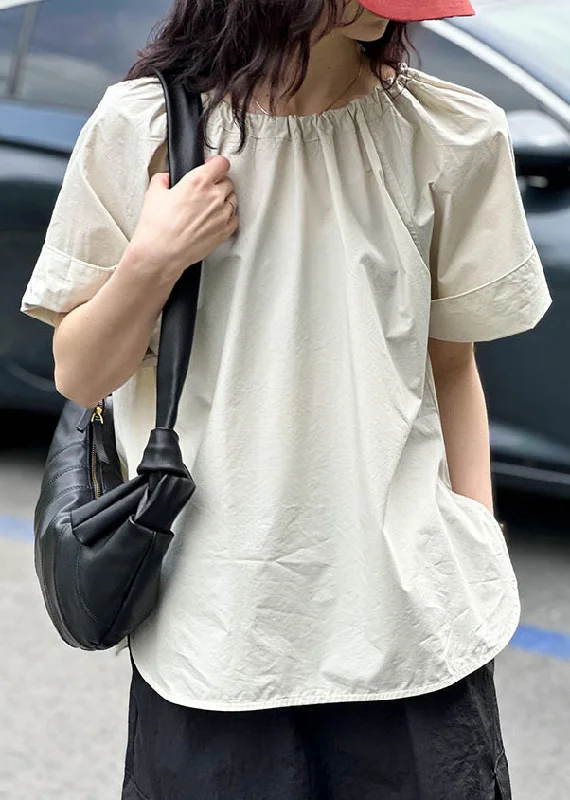 Simple Apricot O Neck Side Open Cotton T Shirt Summer AF1065