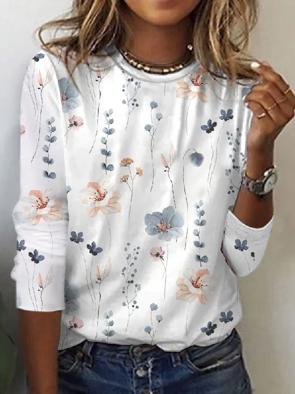 Country Floral Casual Crewneck Knit T-Shirt  QR106