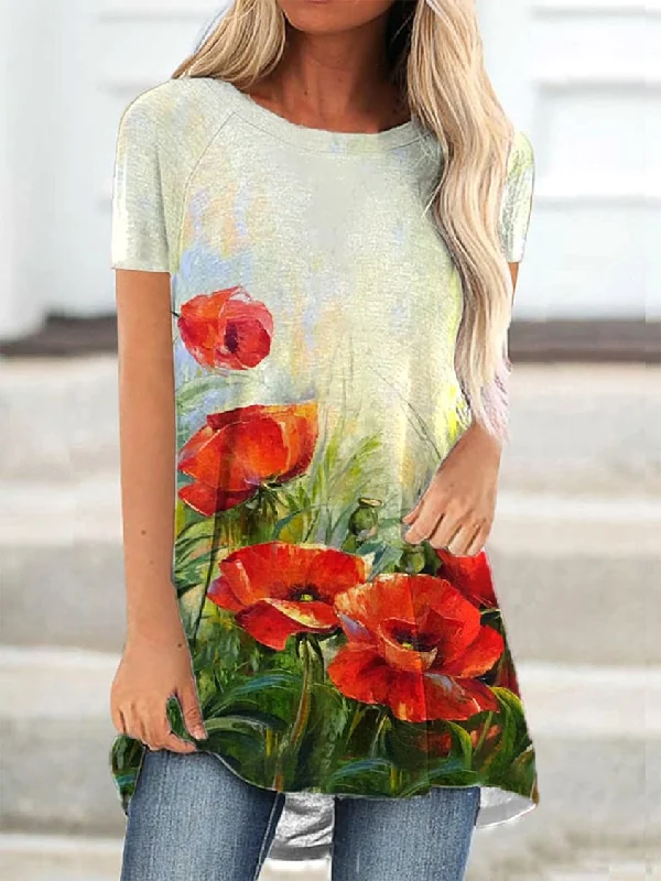 Casual Floral Loose Crew Neck T-Shirt UU36