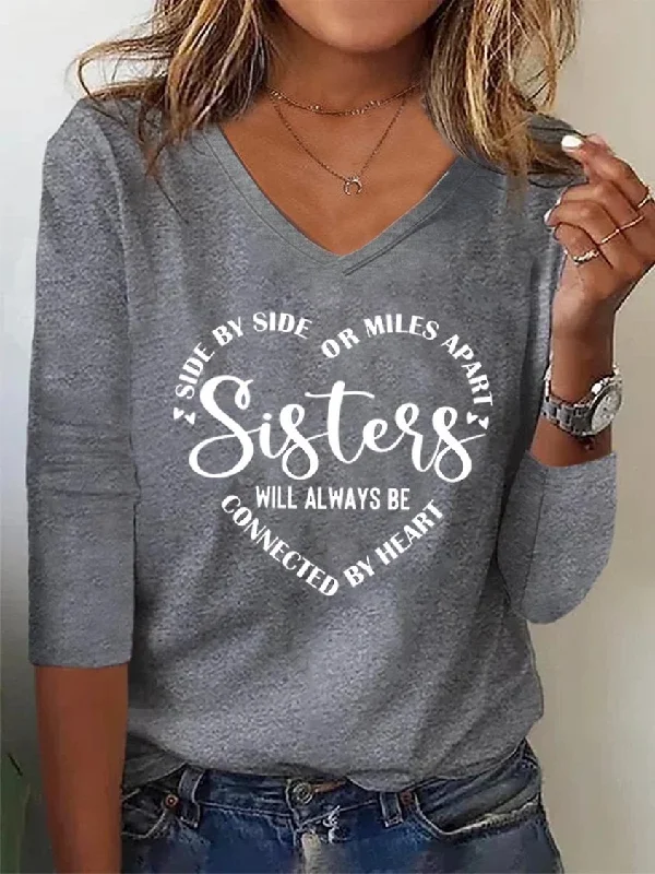 Women Sister Text Letters Regular Fit Casual V Neck T-Shirt MMy26