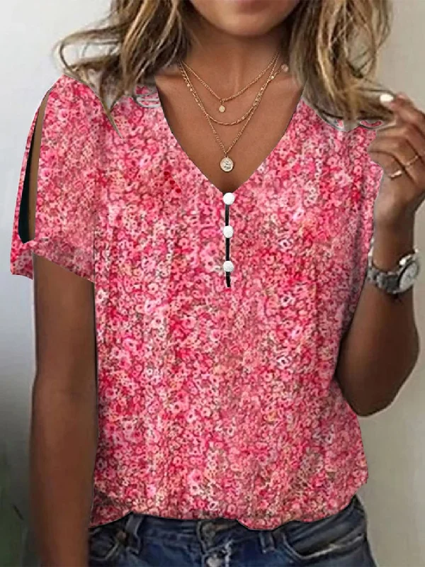 V Neck Floral Buttoned Elegant T-Shirt AA26