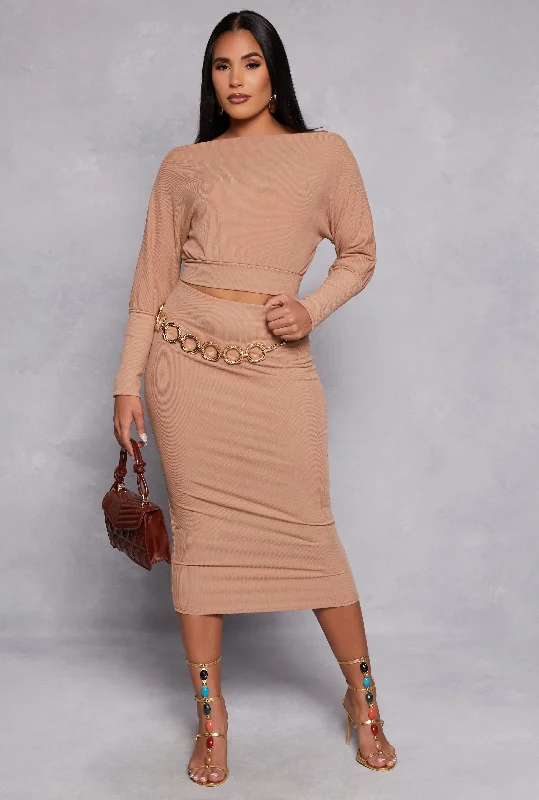 Ribbed Knit Pencil Midi Skirt