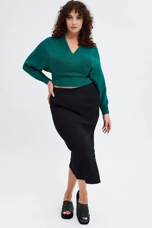 Black Knit Skirt Midi Side Split