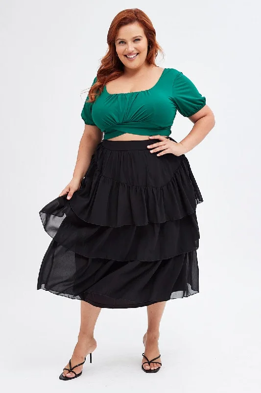 Black Midi Skirt Ruffle Hem