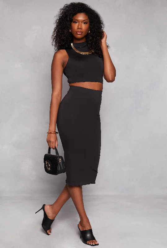 Stretch High Waisted Midi Pencil Skirt