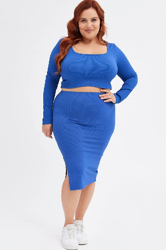 Blue Midi Skirt Rib Jersey Seamless Look