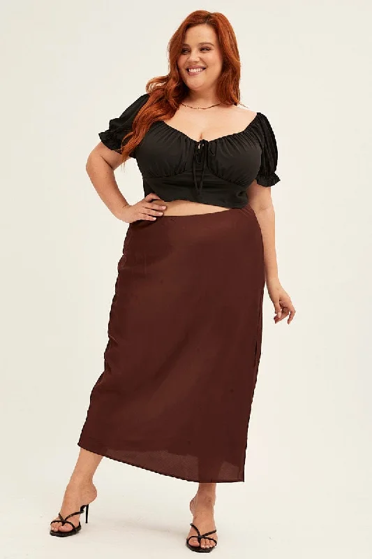 Brown Midi Skirt Elastic Waist Slit Satin