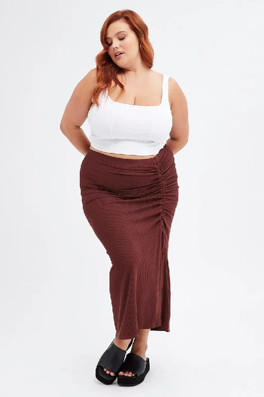 Brown Midi Skirt Rib Ruched