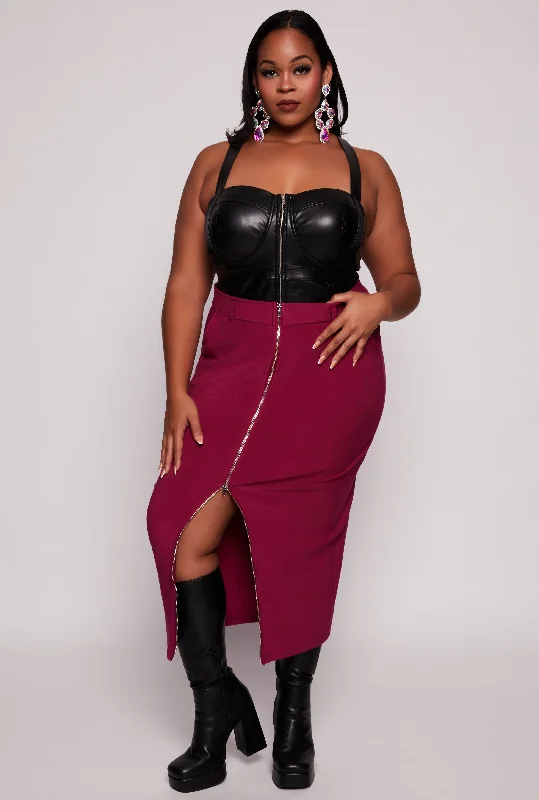 Plus Size Scuba Front Zip Midi Skirt