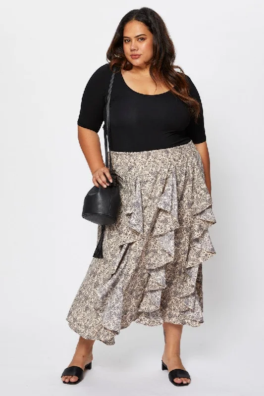 Floral Print Midi Skirt Ruffle Hem