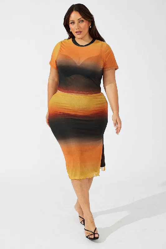 Multi Abstract Midi Skirt Bodycon Split Mesh