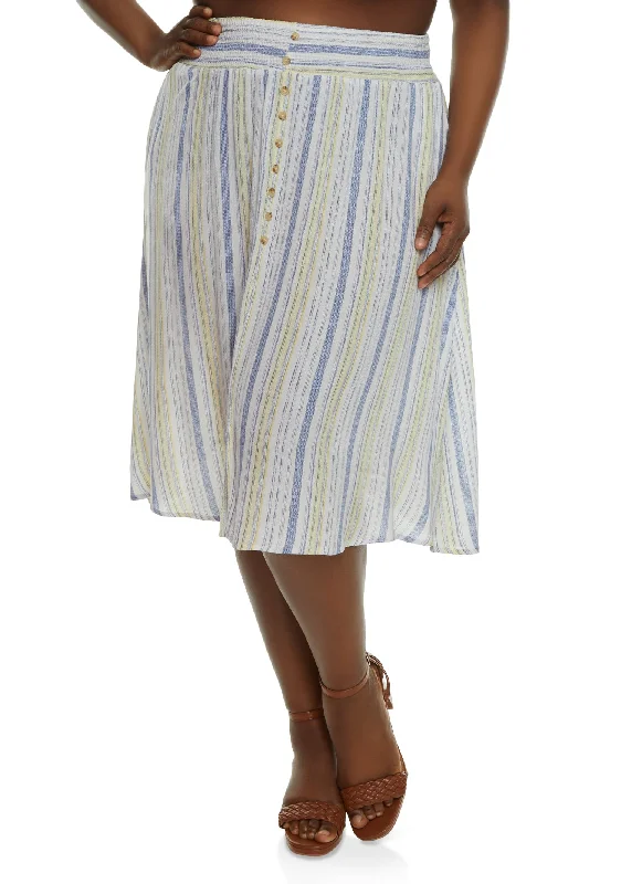 Plus Size Striped Faux Button Midi Skirt